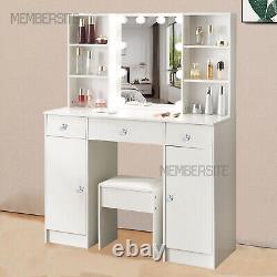 Large Dressing Table With Lighted Mirror And Stool 5 Drawers Vanity Makeup Desk