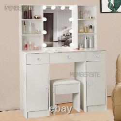 Large Dressing Table With Lighted Mirror And Stool 5 Drawers Vanity Makeup Desk