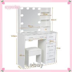 Large Dressing Table with LED Lights Mirror, Vanity Makeup with Drawers & Shelves
