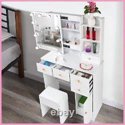Large LED Dressing Table Stool Set Makeup Vanity Table with Cabinet Drawer Shelf