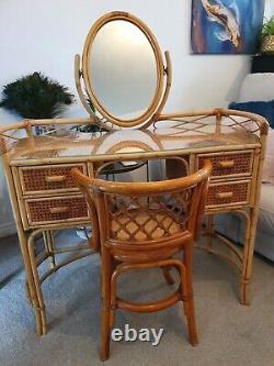 Large Mid Century Vintage dressing table. Wicker&Bamboo, mirror & Glass top, chair