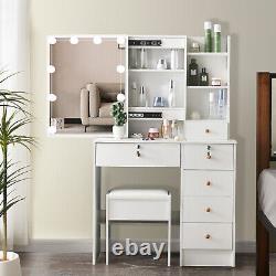 Large White Dressing Table Stool Set with 10LED Light Mirror Vanity Make up Desk