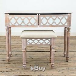 Lattice Limed Oak Wood & Mirrored Glass Dressing Table & Stool Set