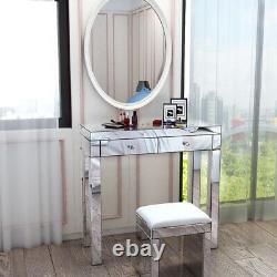 Luxury 2 Drawers Mirrored Dressing Table Mirror Stool Vanity Dresser Set -UK