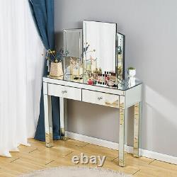 Luxury Dressing Table Glass Mirrored Makeup Desk Mirror&Stool Vanity Set Bedroom