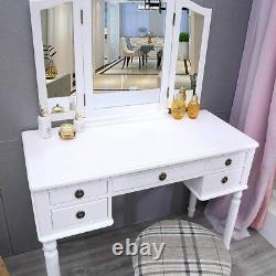 Luxury European Dressing Table Makeup Vanity with Stool Set 3-Sided Mirror Drawers