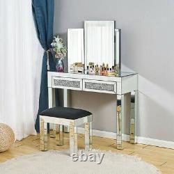 Luxury Mirrored Glass Dressing Table Stool Diamond Drawer Makeup Desk Console