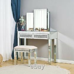Luxury Mirrored Glass Dressing Table Stool Diamond Drawer Makeup Desk Console