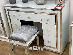 Maddison White Glass 7 Drawer Mirrored Dressing Table With Stool (ex-display)