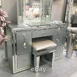 Madison Grey Glass Mirrored 7 Drawer Large Dressing Table Desk Bedroom