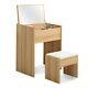 Makeup Dressing Table Unit Lift Up Mirror With Top Faux Leather Stool Set Oak