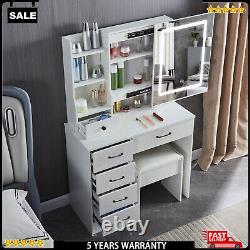 Makeup Dressing Table Vanity Set with LED Lighted Sliding Mirror 5 Drawers Stool