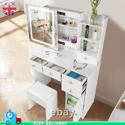 Makeup Dressing Table with LED Sliding Mirror 4 Drawers 1 Door Shelves with Stool