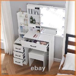 Makeup Dressing Table with LED Sliding Mirror And 6 Drawers & Stool Vanity Desk