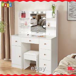 Makeup Table with Stool, 10 LED Lights Mirror Dressing Table 5 Drawer + Shelves