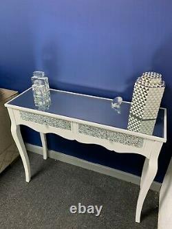 Margot 2 Drawer White Mirrored Mosaic Crackle Glass Console Dressing Hall Table