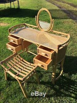 Midcentury Bamboo Rattan Desk Dressing Table Mirror Stool And Glass Top Vintage