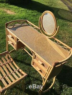 Midcentury Bamboo Rattan Desk Dressing Table Mirror Stool And Glass Top Vintage
