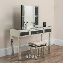 Mirrored Crushed Diamond Dressing Table Mirror Stool Set Vanity Makeup Bedroom