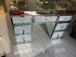 Mirrored Dressing Table 7 Drawers Sparkly Silver Diamond Crush Crystal 120cm