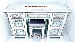 Mirrored Dressing Table 7 Drawers Sparkly Silver Diamond Crush Crystal with Stool