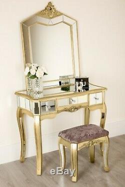 Mirrored Dressing Table Mirror 1 Drawer And Stool Bedroom Set Champagne Gold