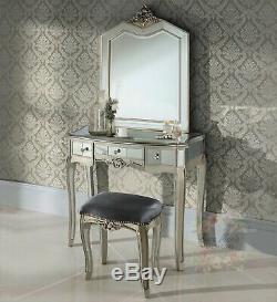 Mirrored Dressing Table Set With Mirror & Stool Glass Antique Vintage Silver New