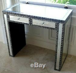 Mirrored Embossed Dressing Table Glass Mirrored Side Unit With 2 Storage Drawers