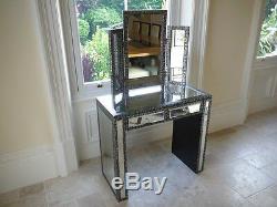 Mirrored Embossed Dressing Table Glass Mirrored Side Unit With 2 Storage Drawers