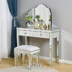 Mirrored Glass Drawers Dressing Table Mirror Stool Vanity Set Makeup Desk Glass