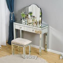 Mirrored Glass Drawers Dressing Table Mirror Stool Vanity Set Makeup Desk Glass