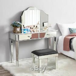 Mirrored Glass Dressing Table 2 Drawers 3 Folding Stool Table Furniture Dresser