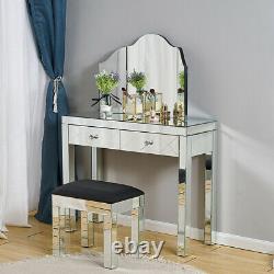 Mirrored Glass Dressing Table Mirror Stool Bedroom Make-Up Console Vanity Table