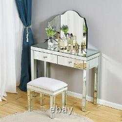 Mirrored Glass Dressing Table Mirror Stool Bedroom Make-Up Console Vanity Table
