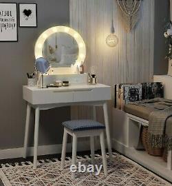 Mirrored Glass Dressing Table Set with Drawers Stool Led Lights Make Up Station