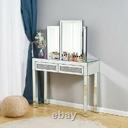 Mirrored Glass Dressing Table Stool Bedroom Vanity Makeup Desk Diamond Drawer UK