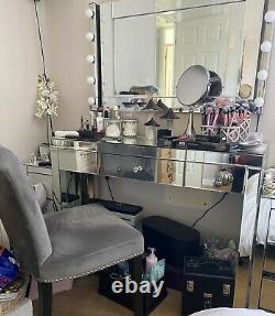 Mirrored Glass Dressing Table With Grey Chair, Mirror And Hollywood Style Lights