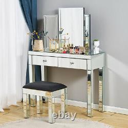 Mirrored Luxury Dressing Table Mirror Stool Set Bedroom Furniture Glass Vanity