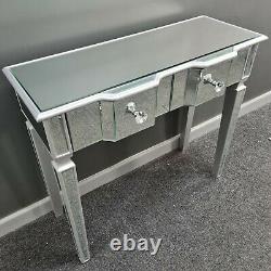 Mirrored Silver Wood Trim Mirror Glass 2 Drawer Console Hall Dressing Table