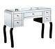 Mirrored Glass Dressing Table With Black Wood Leg, Silver Curved Dressing Table