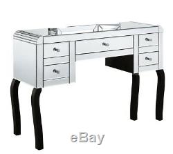 Mirrored glass dressing table with black wood leg, silver curved dressing table