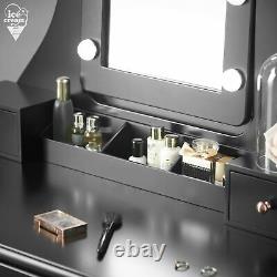 Modern Black Dressing Table Hollywood Vanity Mirror 5 Drawers Makeup Desk Stool