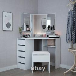 Modern Corner Dressing Table Stool Set with3 Mirror Drawers Makeup Desk Dresser