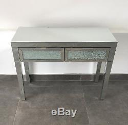 Modern Crushed Crackle Glass Mirrored 2 Drawer Dressing Console Hall Table