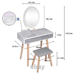 Modern Dressing Table 2 Drawers Makeup Desk Dresser LED Lighted Mirror Stool Set