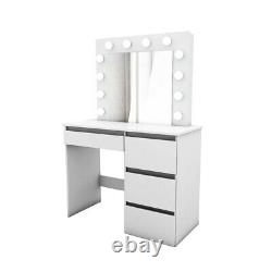 Modern Dressing Table Jewelry Makeup Desk With Mirror, Led Light & 4 Drawers White