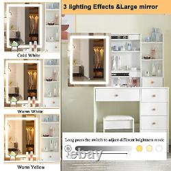 Modern Dressing Table LED Lights Mirror Makeup Vanity Stool Set 6 Drawer Storage