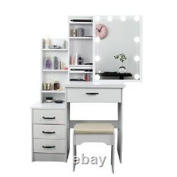 Modern Dressing Table Makeup Desk Set withLED Lighted Mirror&Drawer, Stool Bedroom