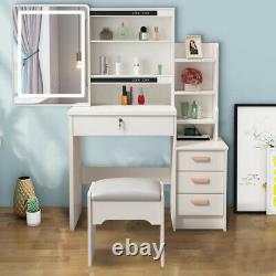 Modern Dressing Table Makeup Jewelry Desk withSliding Mirror Drawer Stool White