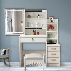 Modern Dressing Table Makeup Jewelry Desk withSliding Mirror Drawer Stool White